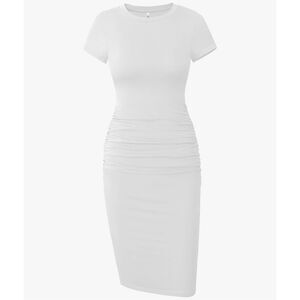 Missufe Women’s White Ruched Short Sleeve Bodycon Midi T-Shirt Sundress Size XL